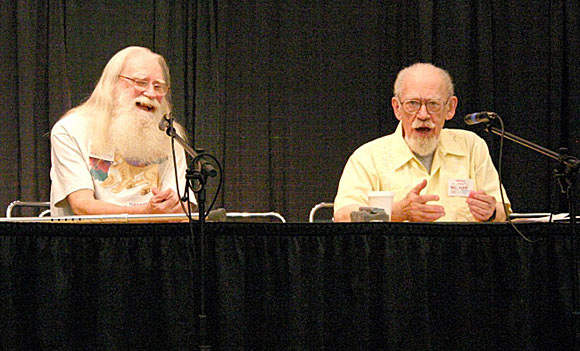 Guest of honor Phil Klass, right, who often wrote under the name William Tenn, provided an entertaining remembrance of the science fiction pulps. Pulpcon’s Rusty Hevelin is at left. Guest of honor Phil Klass, right, who often wrote under the name William Tenn, provided an entertaining remembrance of the science fiction pulps. Pulpcon’s Rusty Hevelin is at left.