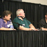 Panelists, from left, John Gunnison, Tom Roberts, Ed Hulse, Rich Harvey and Neil Mechem discuss the impact of pulp reprints on the pulp market Friday evening.