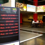 The marque inside the Dayton Convention Center welcomed Pulpcon attendees. But the front doors remained sealed while renovations continued on the center.
